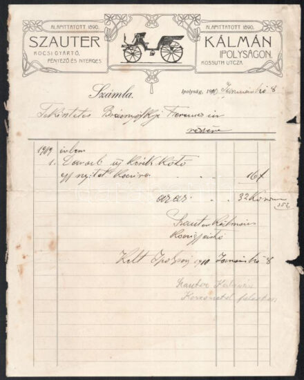 1900 Ipolyság, Szauter Kálmán kocsigyártó, fényező és nyerges szecessziós fejléces számla