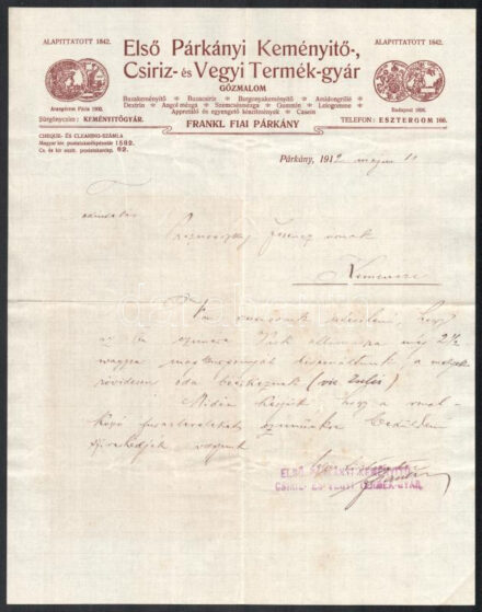 1912 Párkány, Első Párkányi Keményítő-, Csiriz- és Vegyi Termékgyár fejléces levélpapírjára írt levél