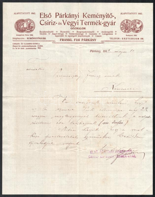 1912 Párkány, Első Párkányi Keményítő-, Csiriz- és Vegyi Termékgyár fejléces levélpapírjára írt levél