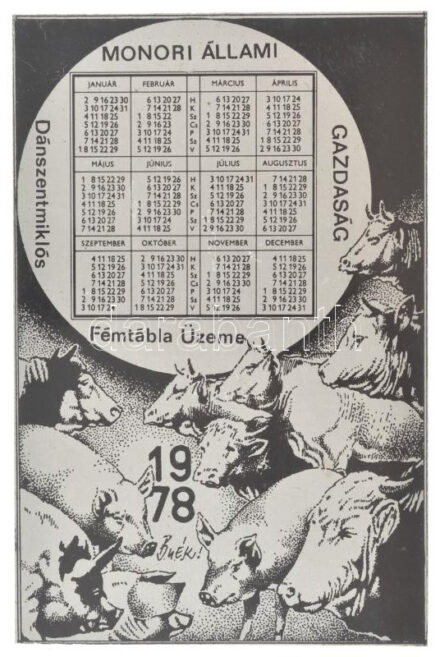 1978. 'Monori Állami Gazdaság' festett naptár fémlemezen (146x96mm) T:XF