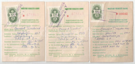 1968-1972. 'Valutakiutalási nyilvántartó-lap' okmánybélyeggel (3x)