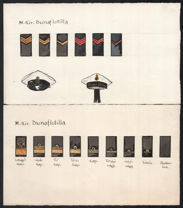 Magyar Királyi Dunai Flottila rangjelzései, egyenruhái, 4 db akvarellillusztráció, 14×24,5 cm - Image 2