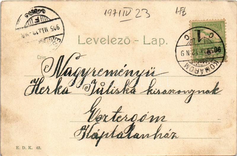 1905 Komárom, Komárno; Kőszűz a várban, Új várkapu, Várparancsnokság, Öreg várkapu. E.D.K. 63. / castle, monument, castle gates, K.u.K. military headquarters. Art Nouveau, floral (EK) - Image 2