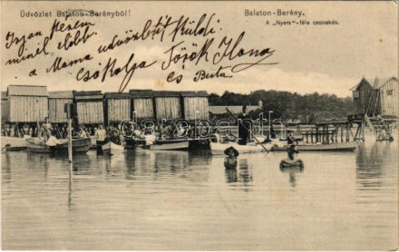 1909 Balatonberény, Nyers-féle csónakda, fürdőkabinok. Neumark Adolf kiadása