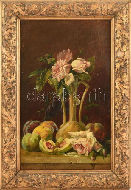 Horváth J. Károly (1873-1961): Csendélet. Olaj, vászon, kartonon. Jelezve jobbra lent. 57x35 cm. Dekoratív, sérült fakeretben.