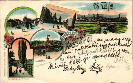 1898 (Vorläufer) Kassa, Kosice; Kossuth Lajos utca, Fő utca, Csermelyvölgyi kioszk, Hernád híd és részletei. Wlaszlovits Gusztáv kiadása / street view, main street, kiosk, restaurant, bridge. Art Nouveau, floral, litho (EK)