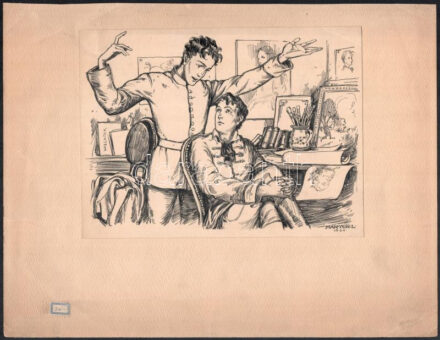 Márton Lajos (1891-1953): Beszélgető diákok, tus, papír, kartonra ragasztva, felületén törésnyom, 15×19,5 cm