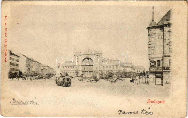 Budapest VII. Központi (Keleti) pályaudvar, Baross tér, villamos, Pick Oswald tenyészállat importőr gazdasági boltja, üzlet. Kiadja Divald Károly 146. (EK)