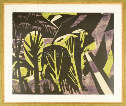 Kunt Ernő (1920-1994): Táj. Linómetszet, papír, jelzés nélkül. Üvegezett fakeretben, 48×58,5 cm