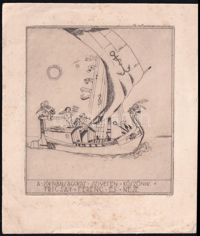 Vadász Endre (1901-1944): Fircsay Ferenc ex libris. Rézkarc, papír, jelzett, 12,5×11 cm