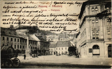 1913 Pozsony, Pressburg, Bratislava; Hal tér, zsinagóga, Szenzáció kávéház, piac, vár. G.L.P. 369. / Fischplatz, Caffé Sensation / square, synagogue, café, market, castle (EK)