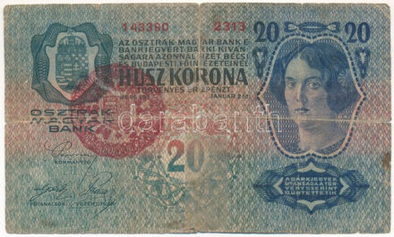 1913. 20K piros 'MAGYARORSZÁG' felülbélyegzéssel T:VG ragasztott