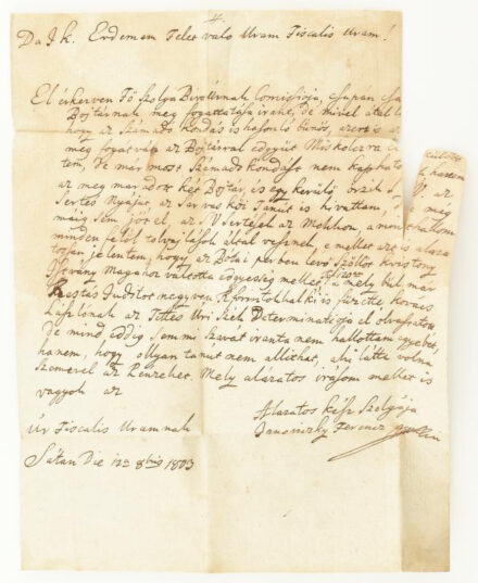 1803 Janoviczky Ferenc pásztói plébános levele Makári László (Ladislao Makári) fiscalis úr részére, kondások által elkövetett lopások tárgyában; címeres viaszpecséttel, kisebb (szöveget érintő) hiánnyal
