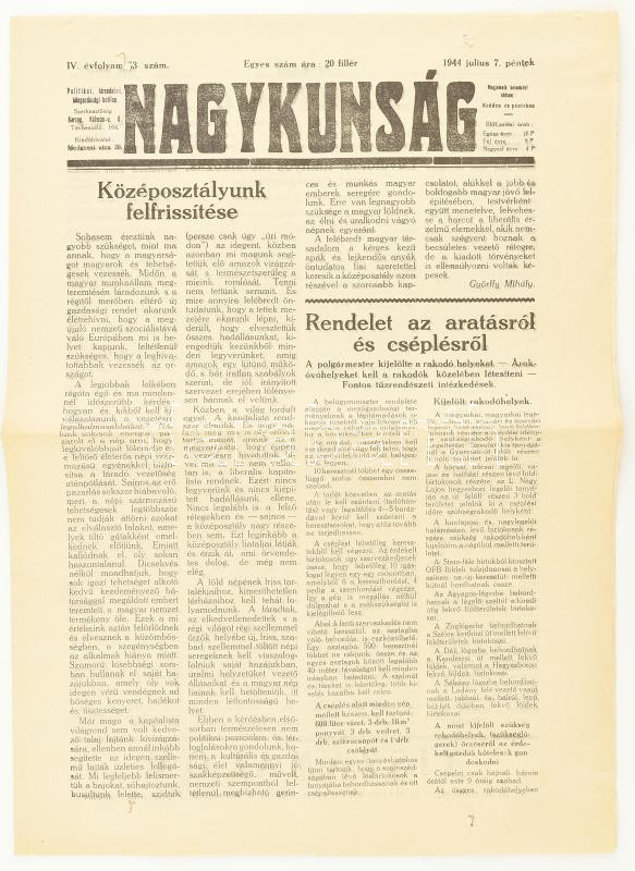 1944 A Nagykunság című újság IV. évfolyamának 53. száma