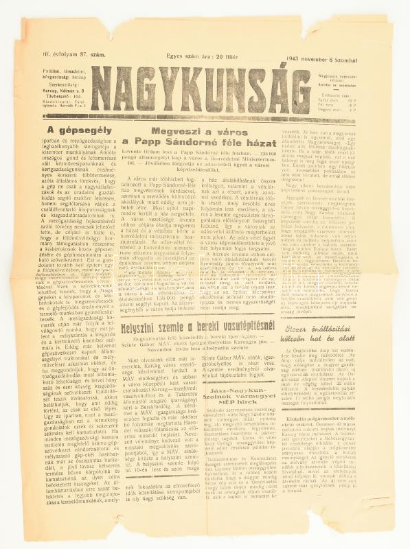 1943 A Nagykunság című újság III. évfolyamának 87. száma