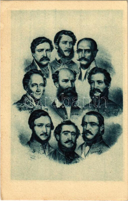 Az első magyar minisztérium. Magyarország első felelős kormánya (Batthyány-kormány): Báró Eötvös József, Szemere Bertalan, Hg. Esterházy Pál, Kossuth Lajos, Deák Ferenc, Gr. Széchenyi István, Gr. Batthyány Lajos, Klauzál Gábor,