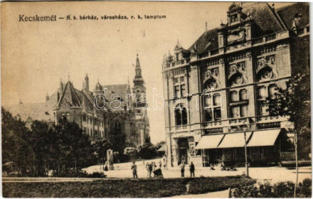 1921 Kecskemét, Római katolikus bérház, Városháza, Római katolikus templom, Gyenes S. és Fiai üzlete. Fekete Gyula kiadása (EK)