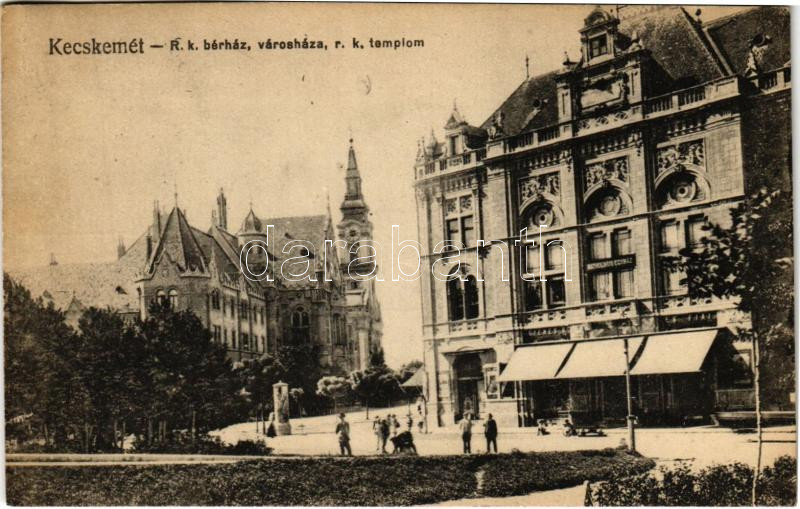 1921 Kecskemét, Római katolikus bérház, Városháza, Római katolikus templom, Gyenes S. és Fiai üzlete. Fekete Gyula kiadása (EK)