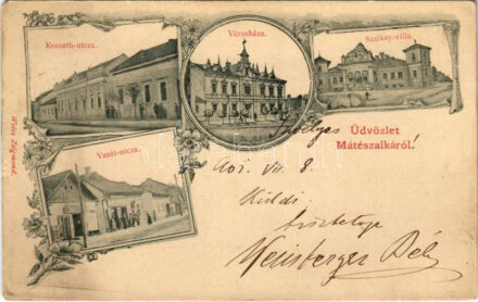 1901 Mátészalka, Kossuth utca, Városháza, Szalkay villa, Vasút utca, Feldmann Testvérek üzlete. Weisz Zsigmond kiadása. Art Nouveau (EK)