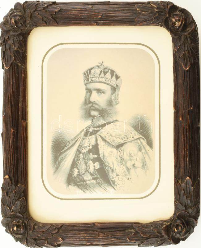 Florális, plasztikus ormanentikával díszített, üvegezett régi fa képkeret, modern I. Ferenc József nyomattal, belső méret: 31x33,5 cm