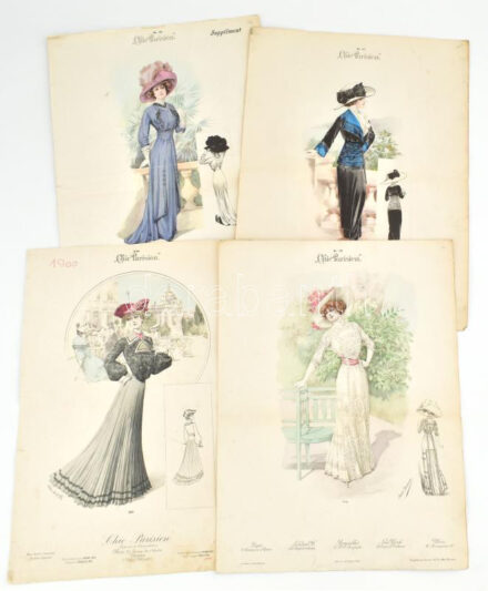 4 db Chic Parisien (női divatkép), 1900 körül. Színes litográfia, papír, jelzés nélkül. Részben kissé foltos és kissé sérült. 44x32,5 cm.