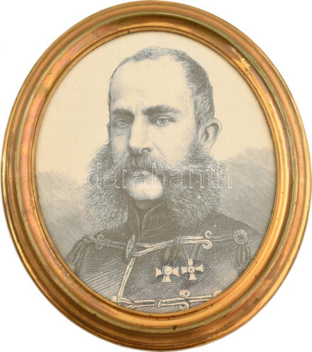 Ovális, üvegezett, rézlemez borítású fa képkeret apró kopásnyomokkal, modern I. Ferenc József nyomattal, látható méret: 24,3x20,5 cm