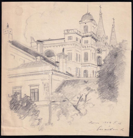 Márton Lajos (1891-1953): Zirc, ceruza, papír, jelzett, egyik sarkán gyűrődés, kis szakadás, kis folt, 21×20 cm