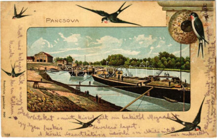 1913 Pancsova, Pancevo; Temes part, uszályok. C. Wittigschlager szecessziós dombornyomott litho lapja fecskékkel / Timis riverside, barges. Embossed Art Nouveau, litho with swallows (r)