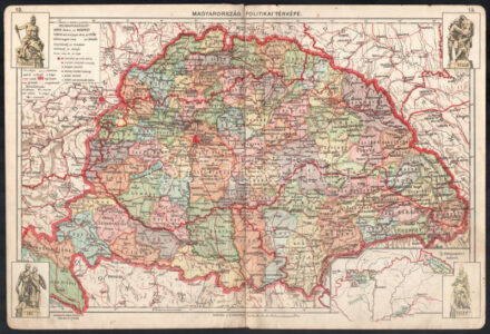 cca 1941 Magyarország politikai térképe, a visszacsatolt területekkel, M. Földrajzi Intézet metszése és nyomása. 27,5x40,5 cm, 1:2.500.000. Lap sarkaiban a Trianon szoborcsoport illusztrációival. Lapszéli apró foltokkal, hátoldalán