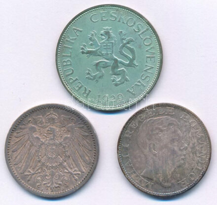3db-os vegyes Ag érmetétel, közte Csehszlovákia 1929. 5K Ag + Német Birodalom 1910A 1M Ag + Románia 1942. 200L Ag T:XF,VF patina 3pcs of mixed Ag coin lot, in it Czechoslovakia 1929. 5 Korun Ag + German Empire 1910A 1 Mark Ag + Romania 1942.