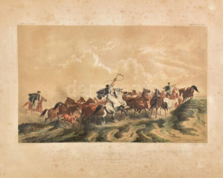 Ló-hajtás. Színezett litográfia, papír, jelzett a metszeten (B. Bachmann-Hohmann), Magyarországi képek (Bilder aus Ungarn), 1860 körül, foltos, 23,5x37,5 cm