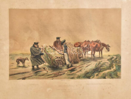 Zivatar, 1861. Színezett litográfia, papír, jelzett a metszeten (B. Bachmann-Hohmann 1861), Magyarországi képek (Bilder aus Ungarn), foltos, 23,5x37 cm