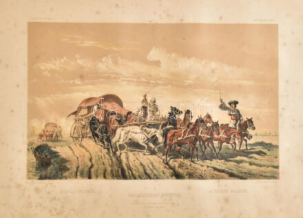 Oláh-szekér. Színezett litográfia, papír, jelzett a metszeten (B. Bachmann-Hohmann), 1860 körül, Magyarországi képek (Bilder aus Ungarn), foltos, 23,5x37,5 cm