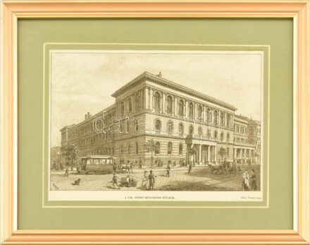 Dörre Tivadar (1858-1932) rajza után: A Kir. József Műegyetem épülete (Budapest), 1890-1900 körül. Rotációs fametszet, papír, jelzett a metszeten, üvegezett fakeretben, 14,5x21,5 cm