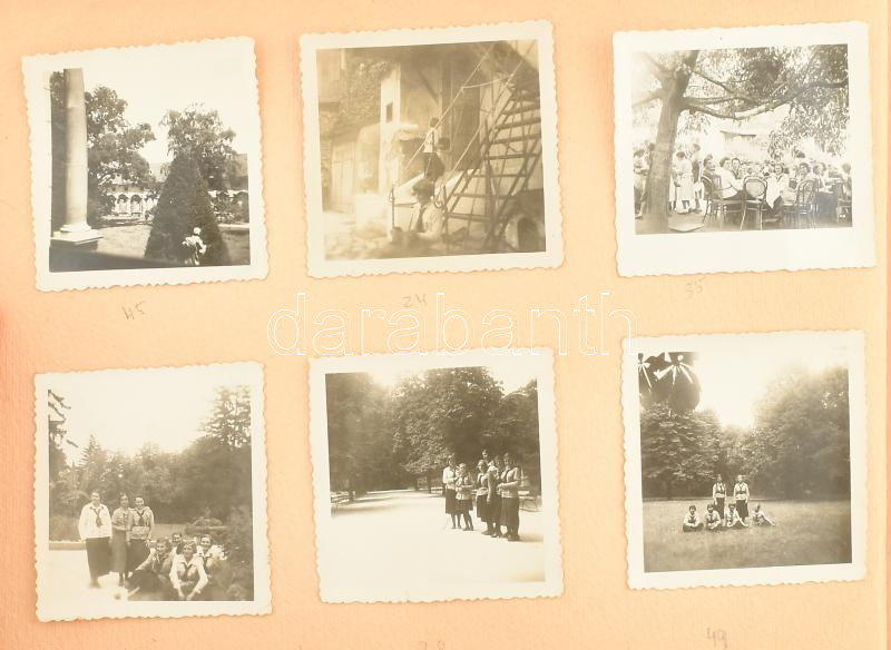 1936 Lány cserkészcsapat soproni táborozása, csoportképek, városképek, albumba ragasztva, 6×6 és 6,5×9 cm közötti méretekben - Image 3