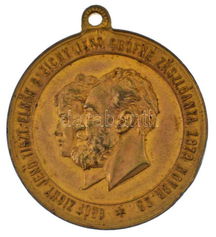 1879. 'DEÁK FERENCZ ÁLT. JÓTÉKONY S' EGYLET ZÁSZLÓAVATÁSI EMLÉKÉRME / GRÓF ZICHY JENŐ TISZT. ELNÖK S' ZICHY JENŐ GRÓFNÉ ZÁSZLÓANYA 1879. NOVBR. 23.' aranyozott bronz emlékmedál füllel (32,5mm) T:AU,XF ph