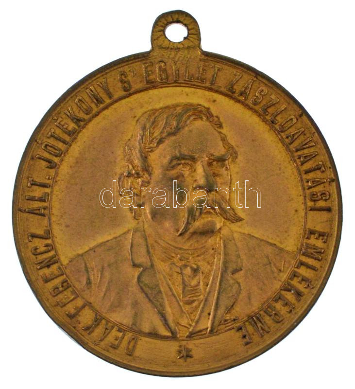 1879. 'DEÁK FERENCZ ÁLT. JÓTÉKONY S' EGYLET ZÁSZLÓAVATÁSI EMLÉKÉRME / GRÓF ZICHY JENŐ TISZT. ELNÖK S' ZICHY JENŐ GRÓFNÉ ZÁSZLÓANYA 1879. NOVBR. 23.' aranyozott bronz emlékmedál füllel (32,5mm) T:AU,XF ph - Image 2