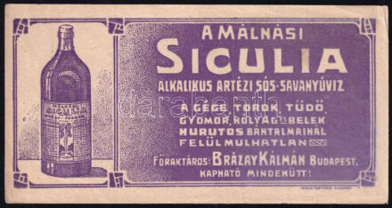 Málnási Siculia sós és savanyúvíz számolócédula