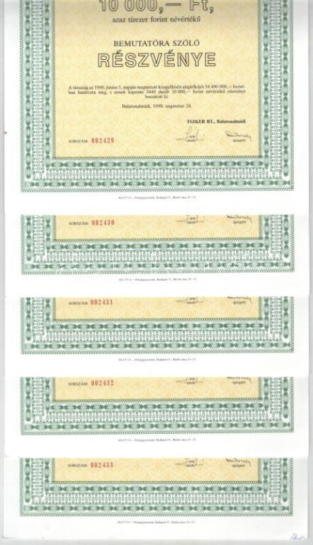 Balatonalmádi 1990. 'A TSZKER Agrárszövetkezetek Kereskedőháza Veszprém Megyei Részvénytársaság' bemutatóra szóló részvénye 10.000Ft-ról (5x) sorszámkövetők '002429-002433', szelvényekkel T:AU