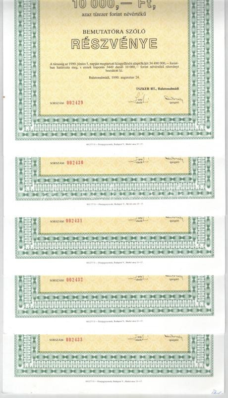Balatonalmádi 1990. 'A TSZKER Agrárszövetkezetek Kereskedőháza Veszprém Megyei Részvénytársaság' bemutatóra szóló részvénye 10.000Ft-ról (5x) sorszámkövetők '002429-002433', szelvényekkel T:AU