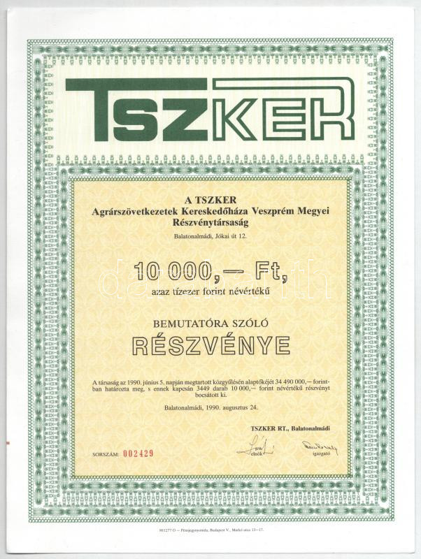 Balatonalmádi 1990. 'A TSZKER Agrárszövetkezetek Kereskedőháza Veszprém Megyei Részvénytársaság' bemutatóra szóló részvénye 10.000Ft-ról (5x) sorszámkövetők '002429-002433', szelvényekkel T:AU - Image 2