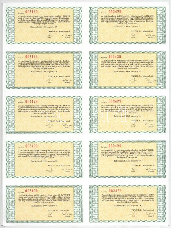 Balatonalmádi 1990. 'A TSZKER Agrárszövetkezetek Kereskedőháza Veszprém Megyei Részvénytársaság' bemutatóra szóló részvénye 10.000Ft-ról (5x) sorszámkövetők '002429-002433', szelvényekkel T:AU - Image 3