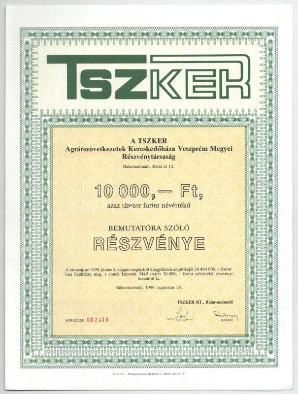Balatonalmádi 1990. 'A TSZKER Agrárszövetkezetek Kereskedőháza Veszprém Megyei Részvénytársaság' bemutatóra szóló részvénye 10.000Ft-ról (5x) sorszámkövetők '002429-002433', szelvényekkel T:AU - Image 4