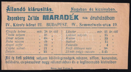 Rosenberg Zoltán maradék fiók áruház számolócédula
