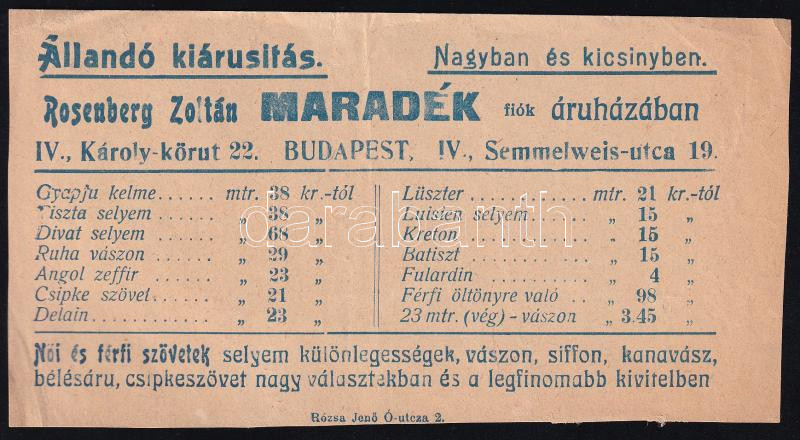 Rosenberg Zoltán maradék fiók áruház számolócédula