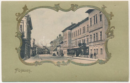 Pozsony, Pressburg, Bratislava; utcakép, állami felsőbb leányiskola. Szecessziós keret / street view with girl school. Art Nouveau, Emb. (r)