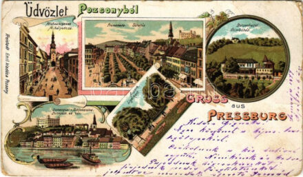 1899 (Vorläufer) Pozsony, Pressburg, Bratislava; Mihály utca, Ligetkert, Bimbóház, Sétatér, Dunapart, vár. Freistadt Emil kiadása / street, park, villa, promenade, river bank, castle. Art Nouveau, floral, litho (EB)