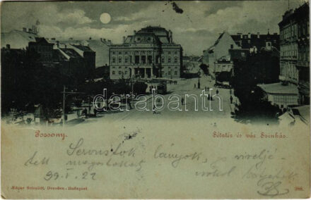 1899 (Vorläufer) Pozsony, Pressburg, Bratislava; Sétatér, vár, színház, este, villamos / promenade, castle, theatre, night, tram (EK) + 'POZSONY P.U.'