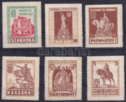 1921 6 db Irredenta levélzáró - Szabadka, Arad, Pozsony, Kassa, Nagyvárad, Kolozsvár