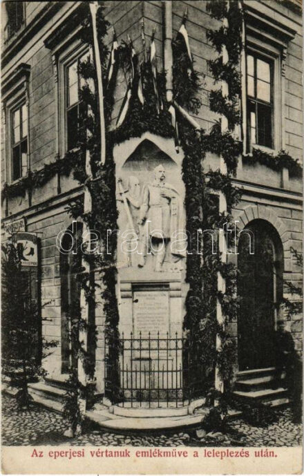 1911 Eperjes, Presov; A Caraffa által 1687-ben Eperjesen kivégeztetett vértanúk emléktáblája az ágostai hitvallású evangélikus Collegium északnyugati sarkán. Felvétel és fénynyomat Divald K. fia műintézetéből / Memorial plaque